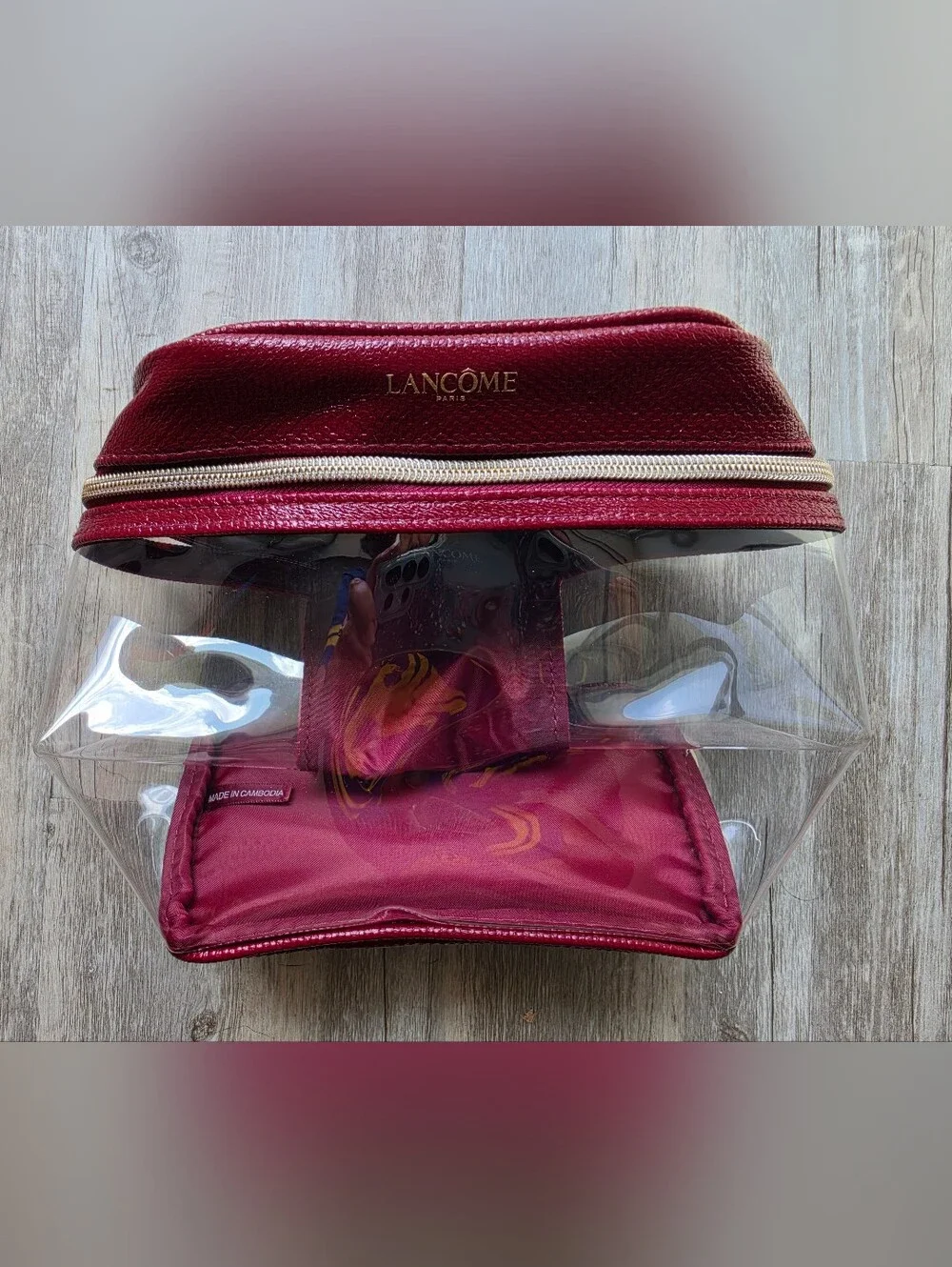 Lancome Red & Clear Makeup Bag / Cosmetic Bag with Top Handle NWT